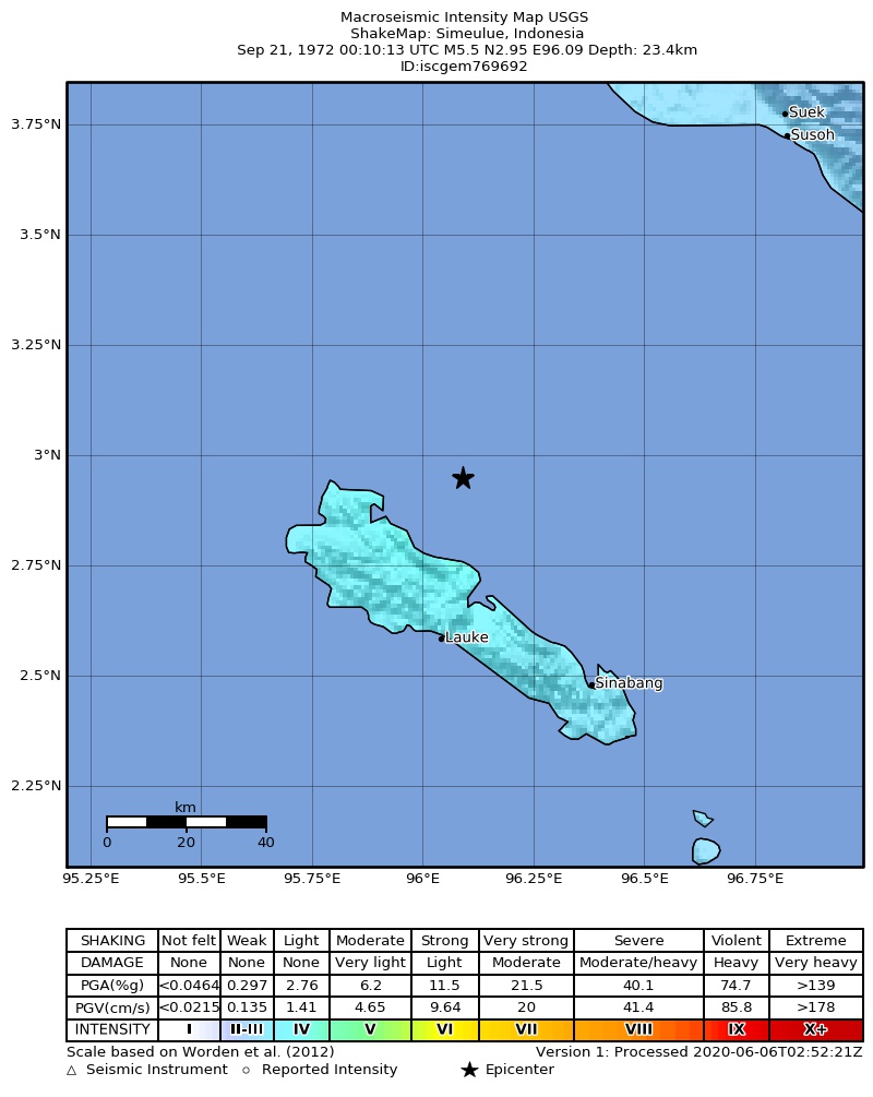 USGS ShakeMap: estimated shaking intensity around the epicenter