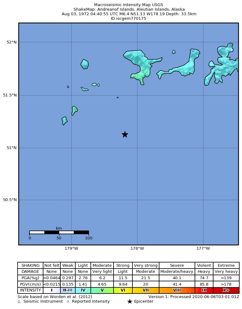USGS ShakeMap: estimated shaking intensity around the epicenter