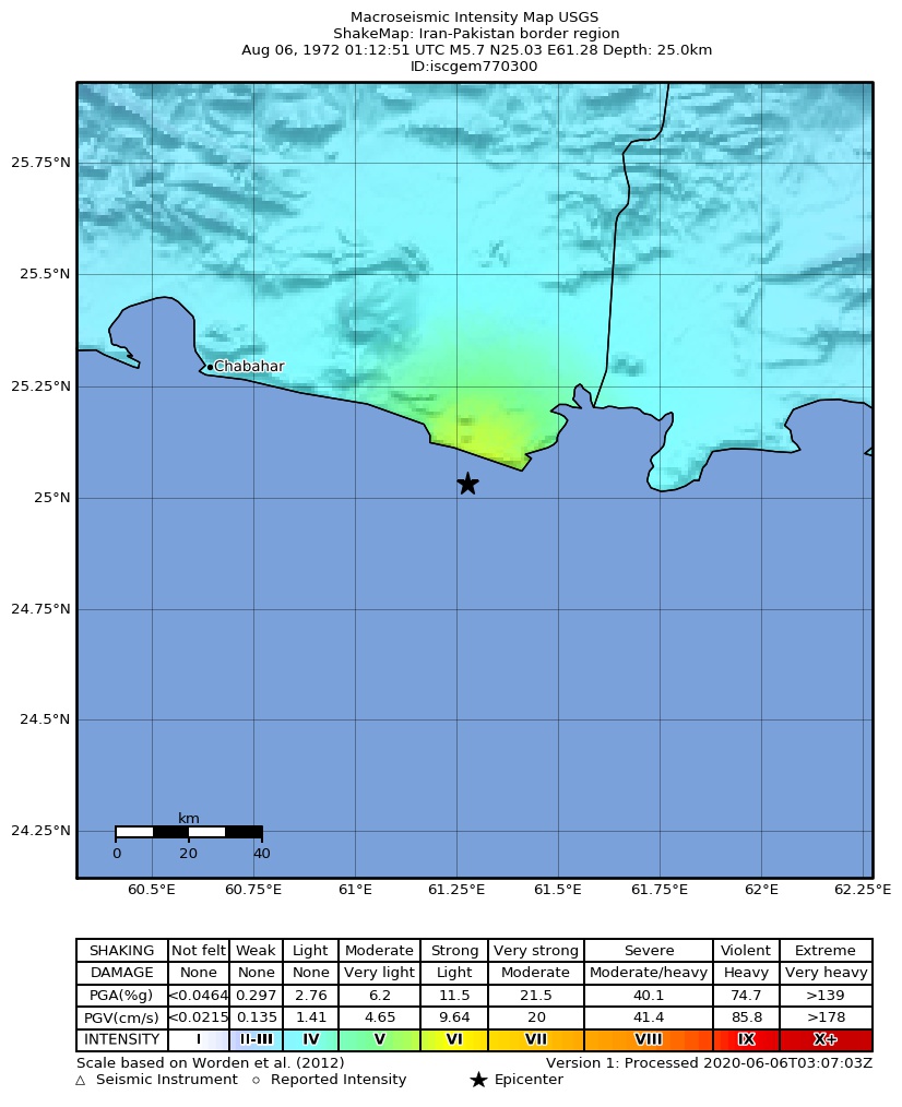 USGS ShakeMap: estimated shaking intensity around the epicenter