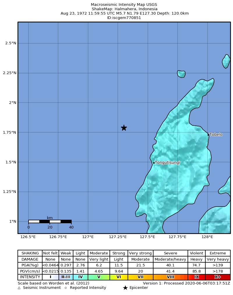 USGS ShakeMap: estimated shaking intensity around the epicenter