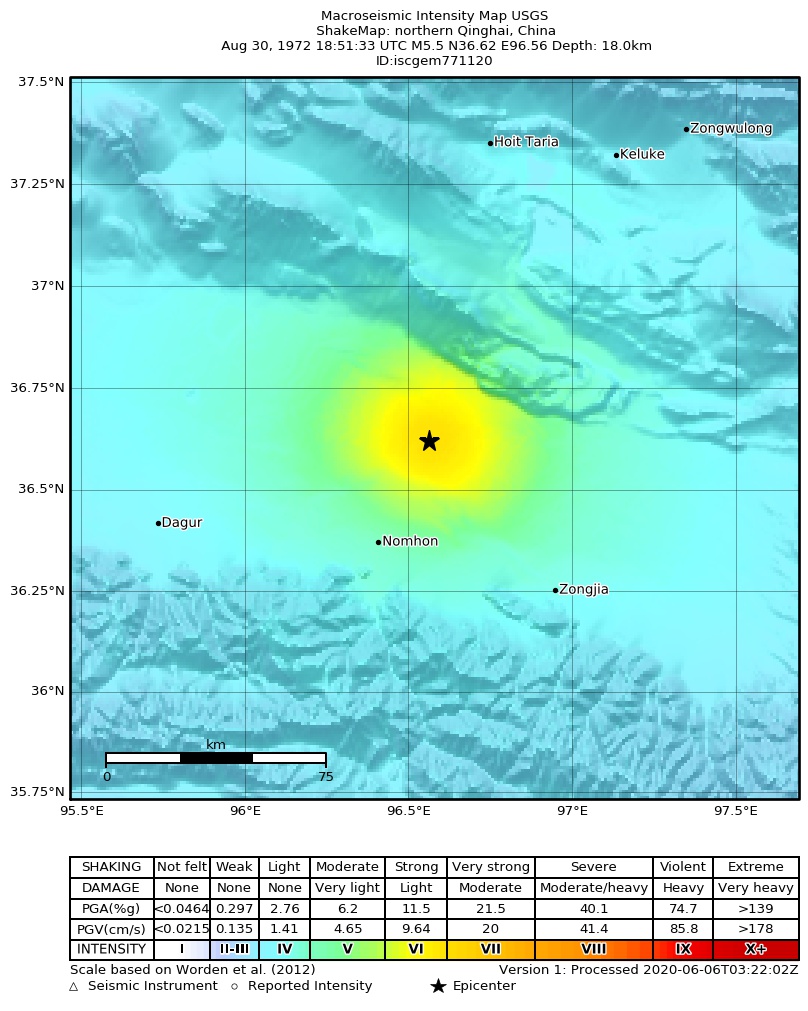 USGS ShakeMap: estimated shaking intensity around the epicenter