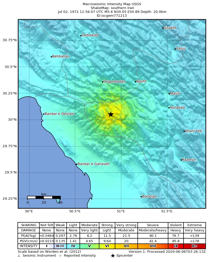 USGS ShakeMap: estimated shaking intensity around the epicenter