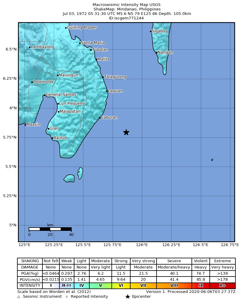 USGS ShakeMap: estimated shaking intensity around the epicenter