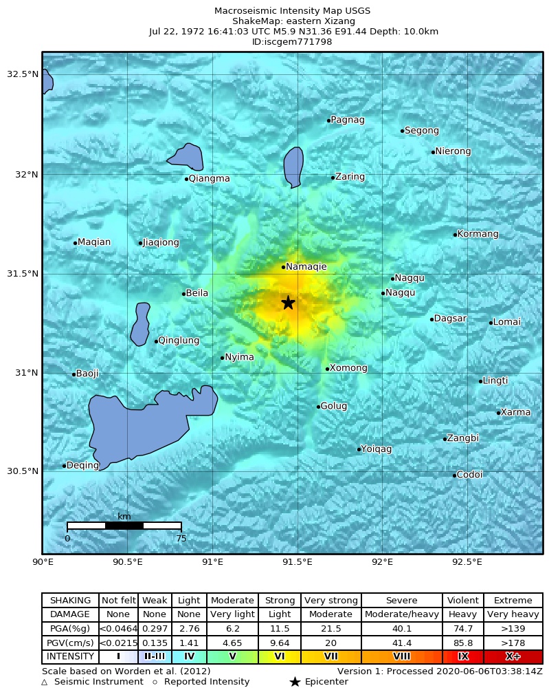 USGS ShakeMap: estimated shaking intensity around the epicenter