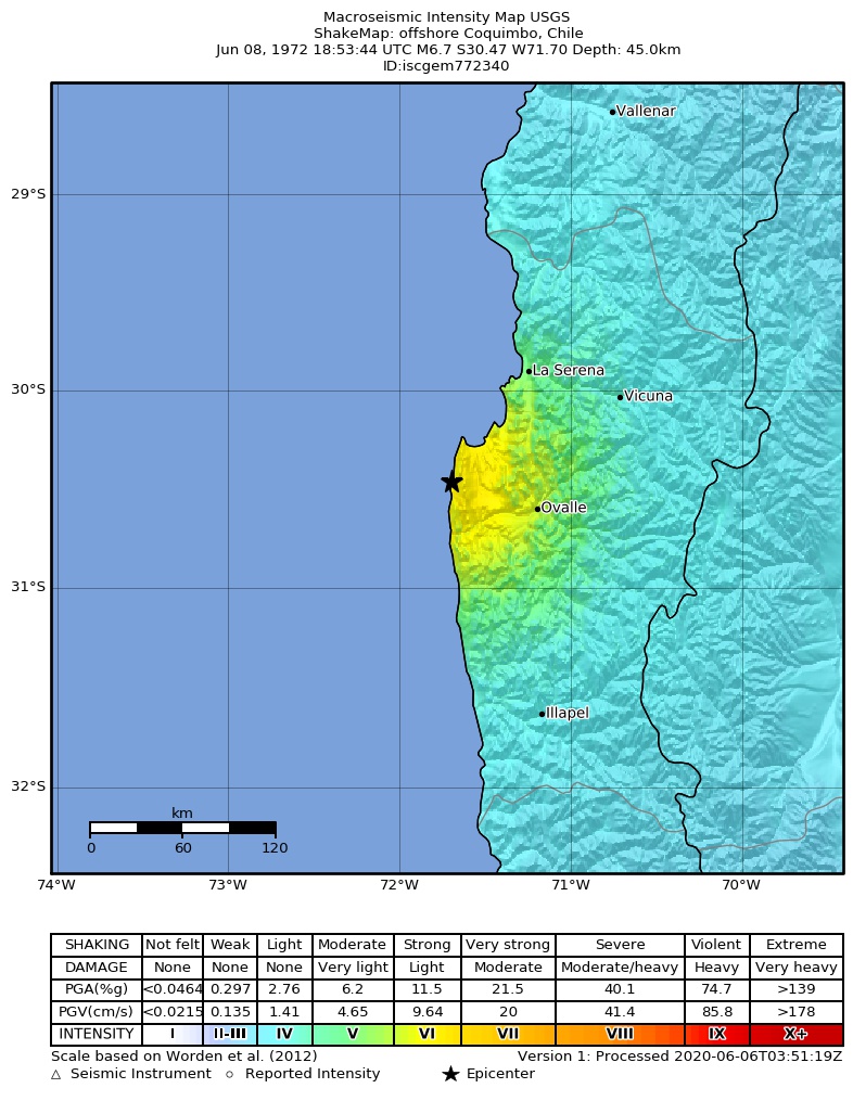 USGS ShakeMap: estimated shaking intensity around the epicenter