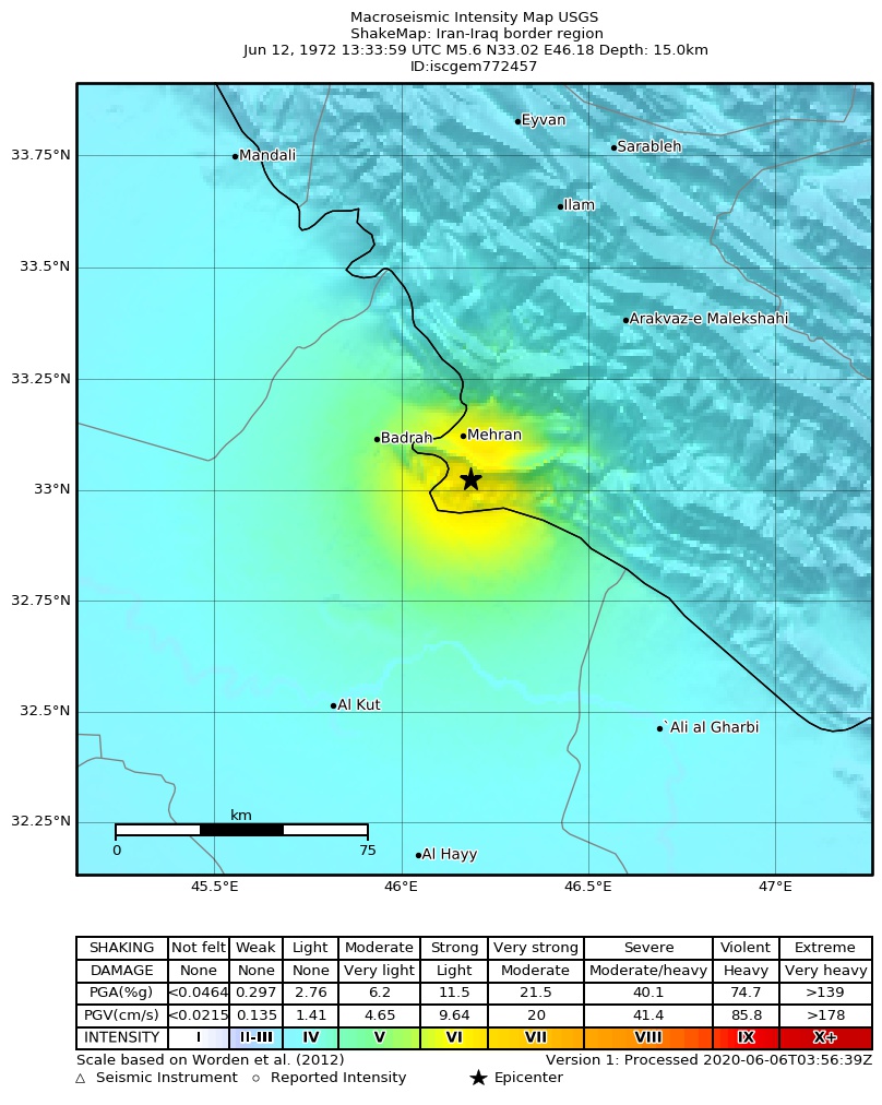 USGS ShakeMap: estimated shaking intensity around the epicenter