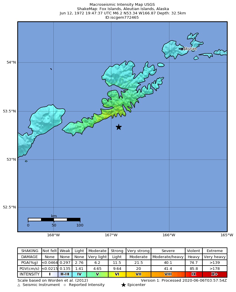 USGS ShakeMap: estimated shaking intensity around the epicenter