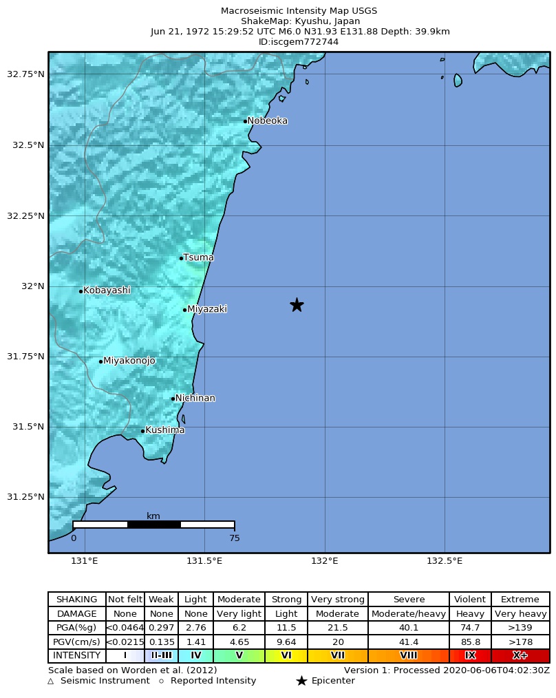 USGS ShakeMap: estimated shaking intensity around the epicenter