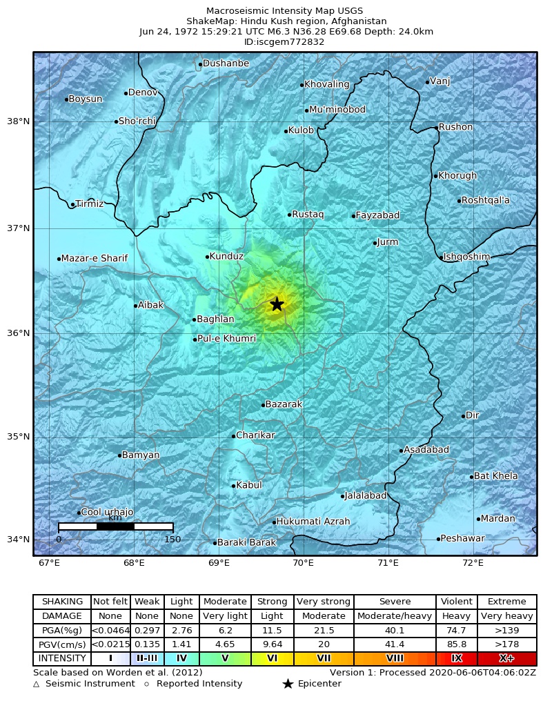 USGS ShakeMap: estimated shaking intensity around the epicenter