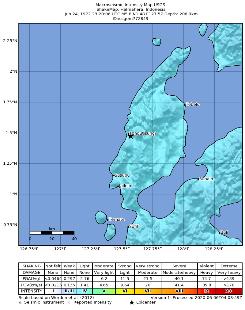 USGS ShakeMap: estimated shaking intensity around the epicenter