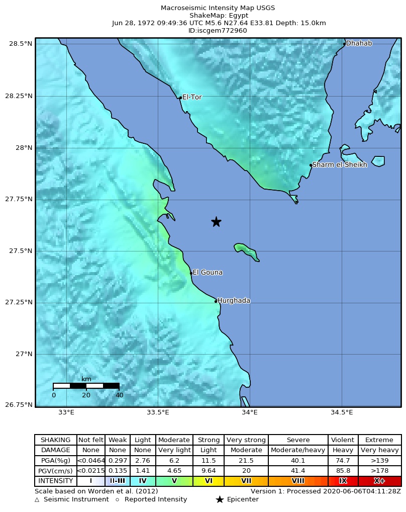 USGS ShakeMap: estimated shaking intensity around the epicenter