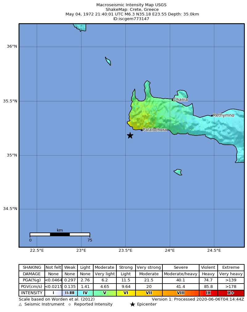 USGS ShakeMap: estimated shaking intensity around the epicenter