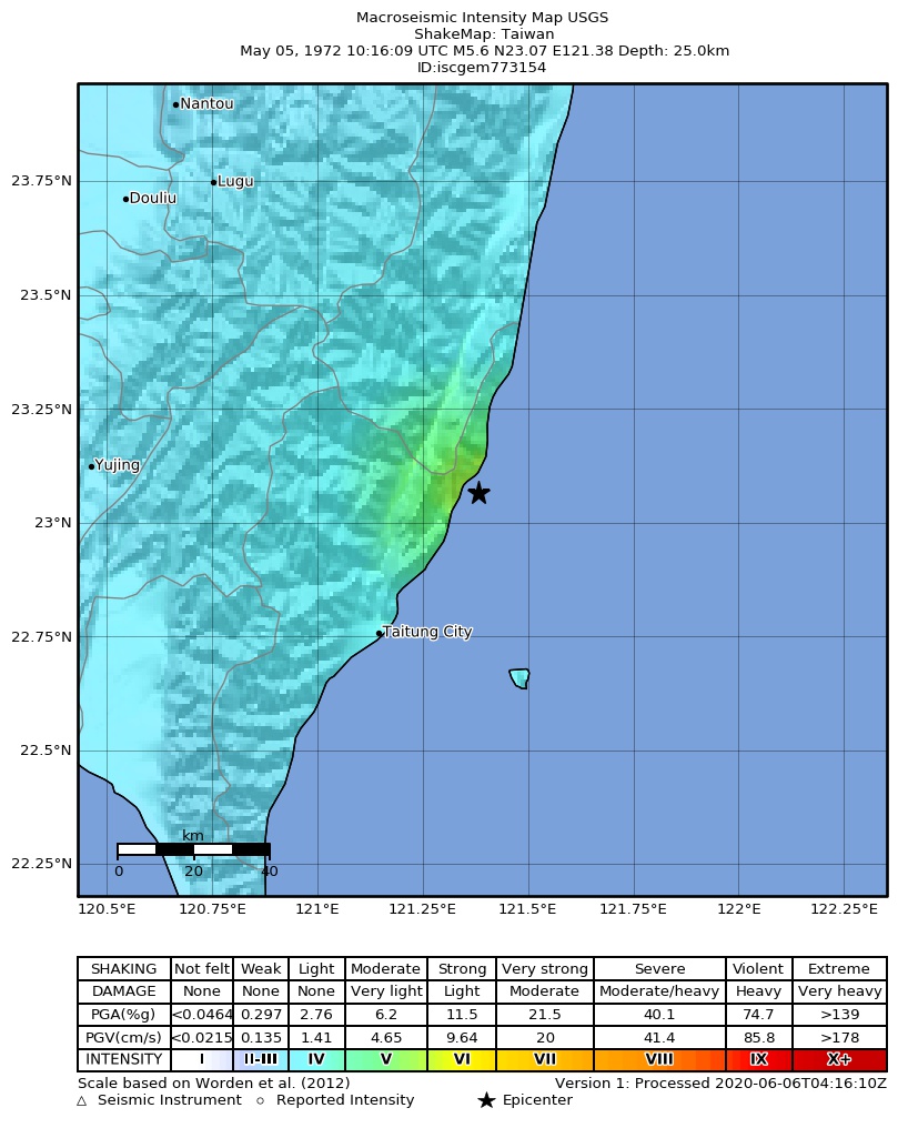 USGS ShakeMap: estimated shaking intensity around the epicenter
