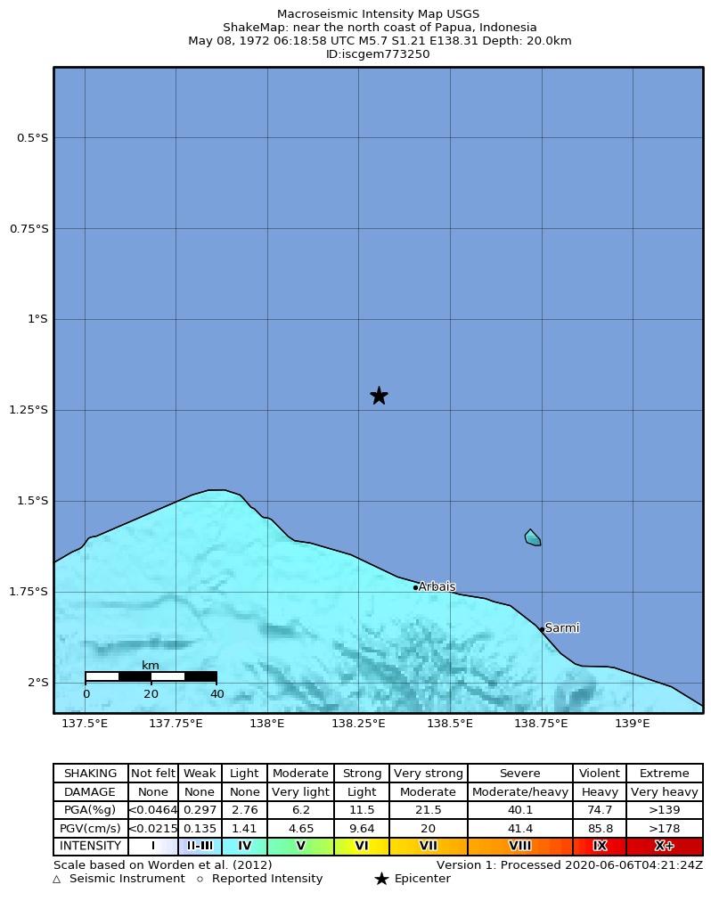 USGS ShakeMap: estimated shaking intensity around the epicenter