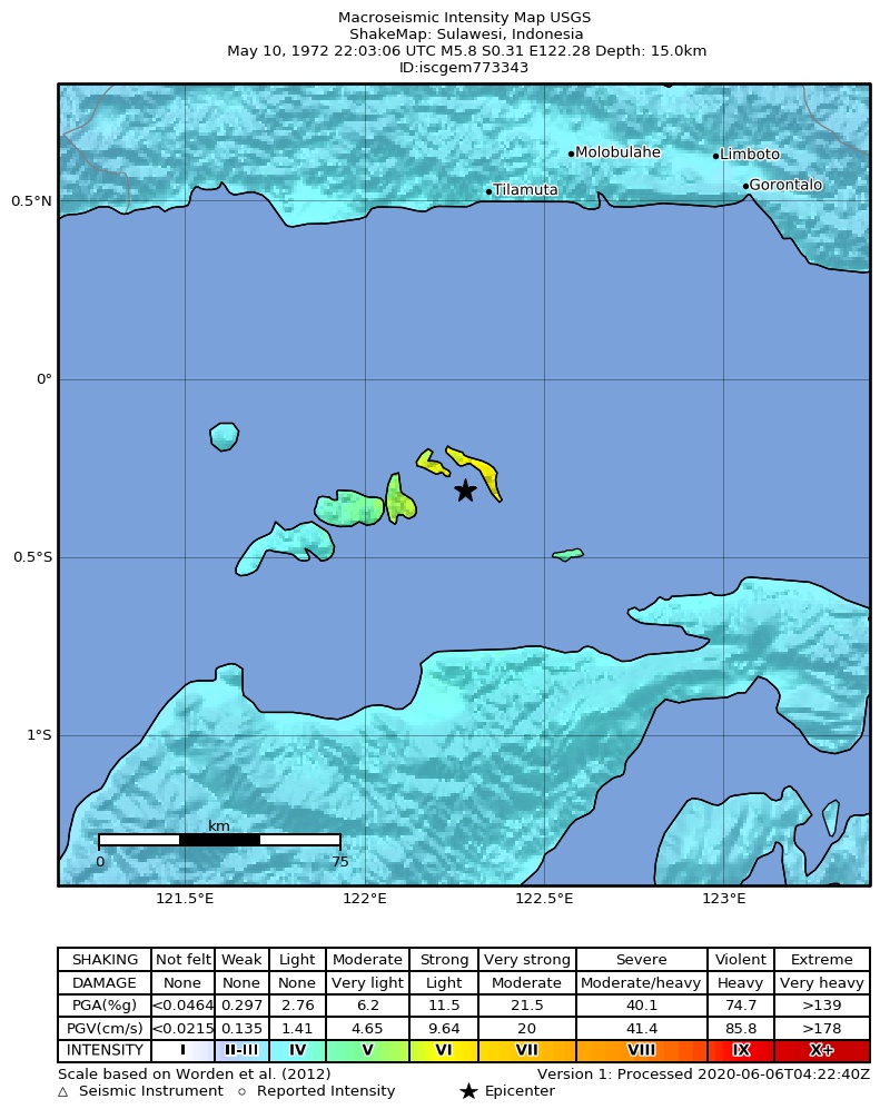 USGS ShakeMap: estimated shaking intensity around the epicenter