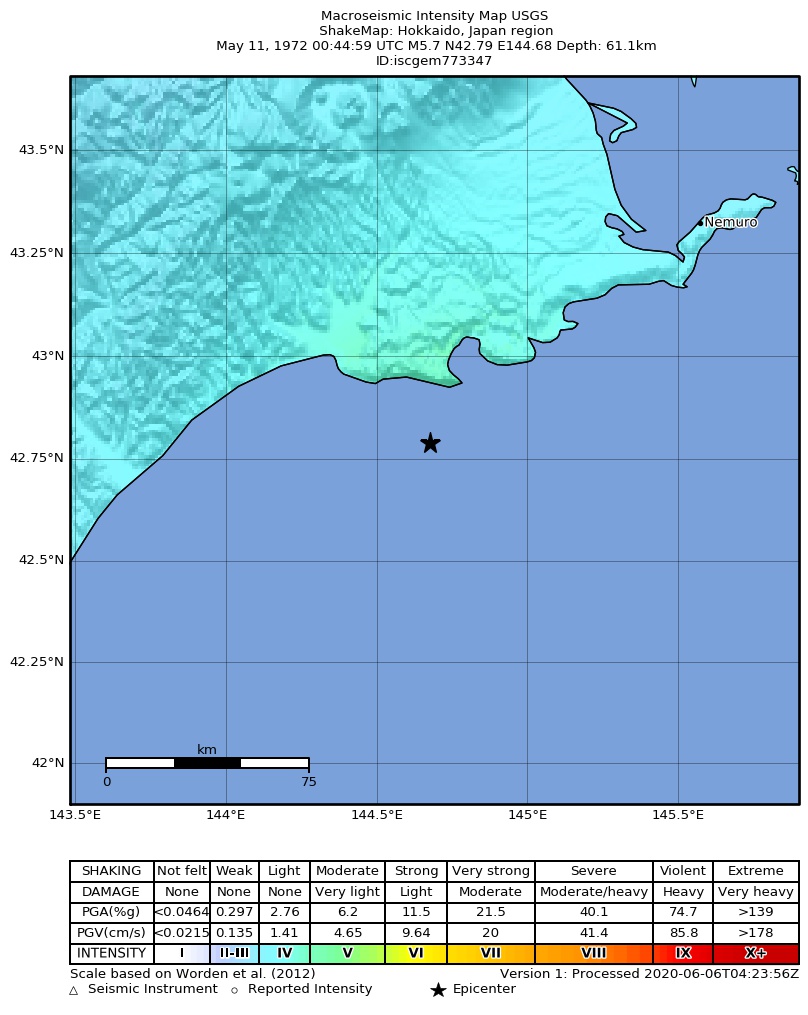 USGS ShakeMap: estimated shaking intensity around the epicenter