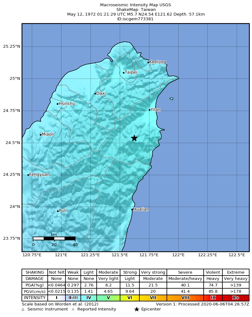 USGS ShakeMap: estimated shaking intensity around the epicenter