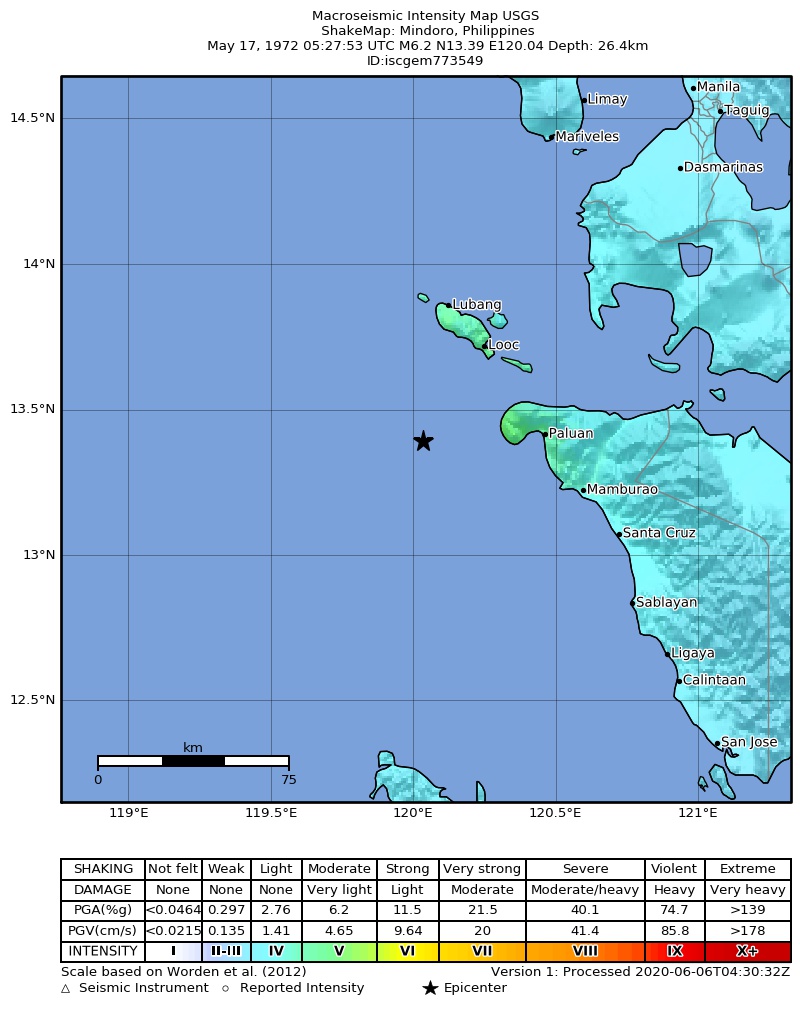 USGS ShakeMap: estimated shaking intensity around the epicenter