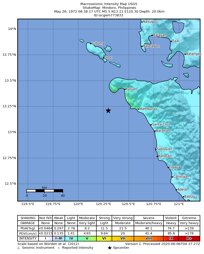 USGS ShakeMap: estimated shaking intensity around the epicenter