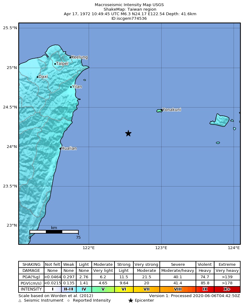USGS ShakeMap: estimated shaking intensity around the epicenter