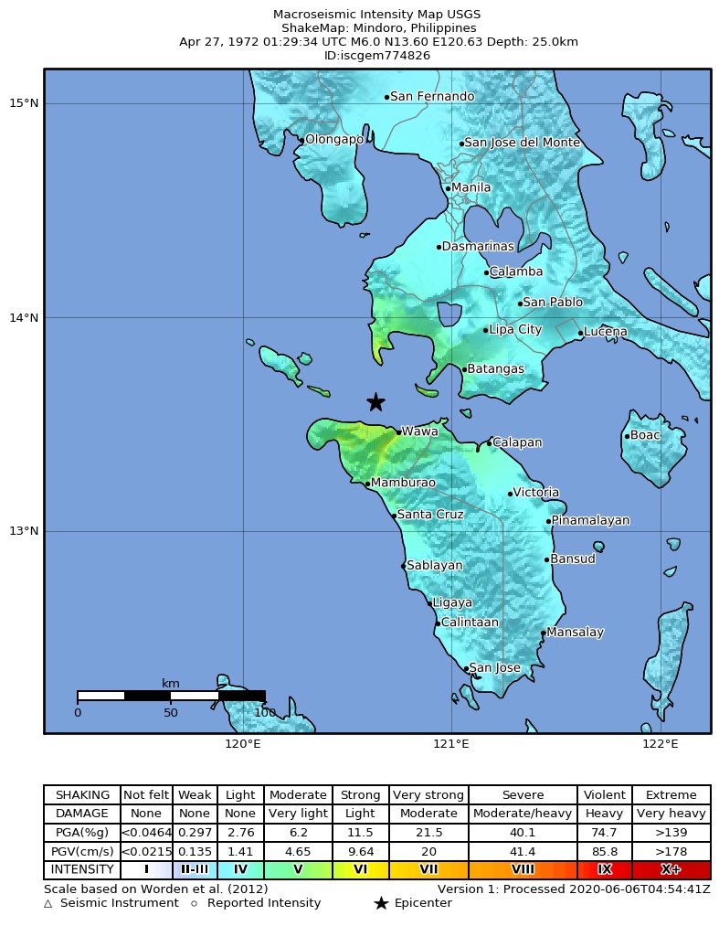 USGS ShakeMap: estimated shaking intensity around the epicenter