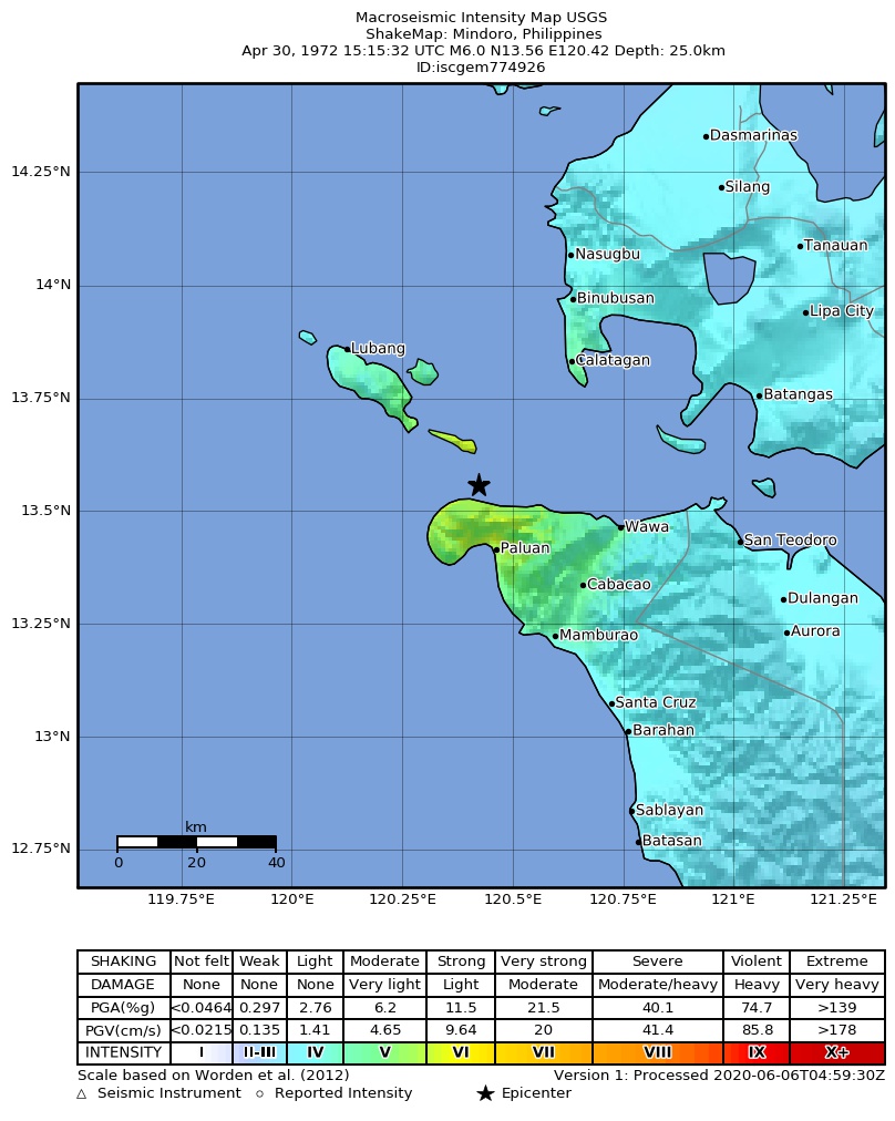 USGS ShakeMap: estimated shaking intensity around the epicenter