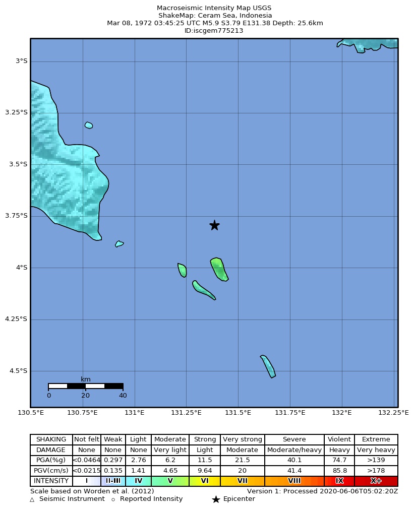 USGS ShakeMap: estimated shaking intensity around the epicenter