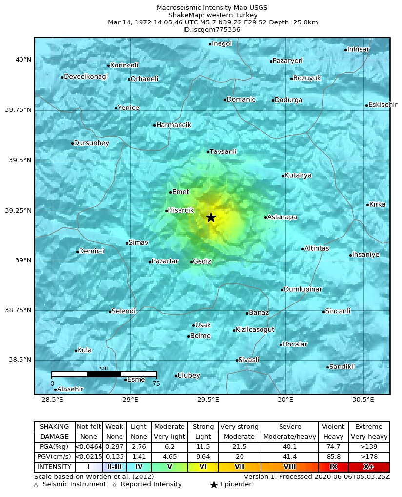 USGS ShakeMap: estimated shaking intensity around the epicenter