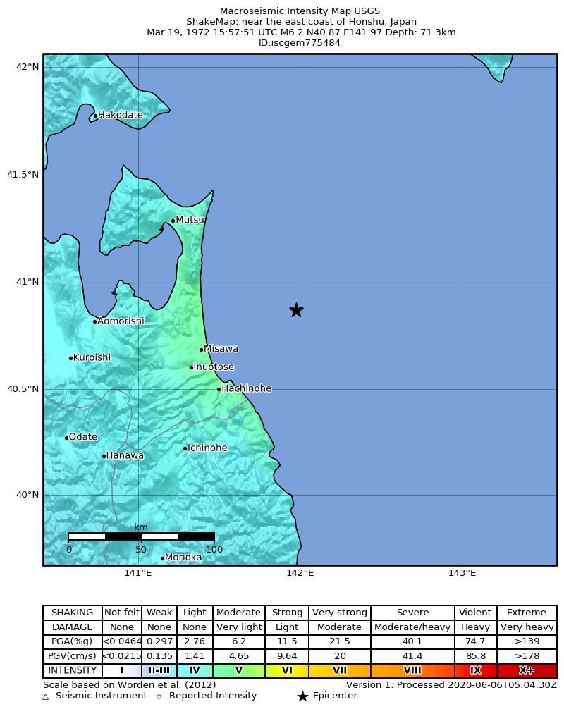 USGS ShakeMap: estimated shaking intensity around the epicenter