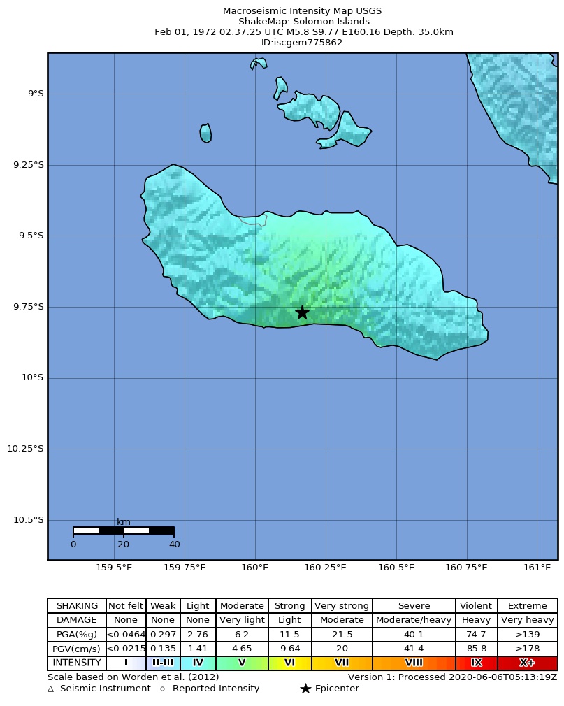 USGS ShakeMap: estimated shaking intensity around the epicenter
