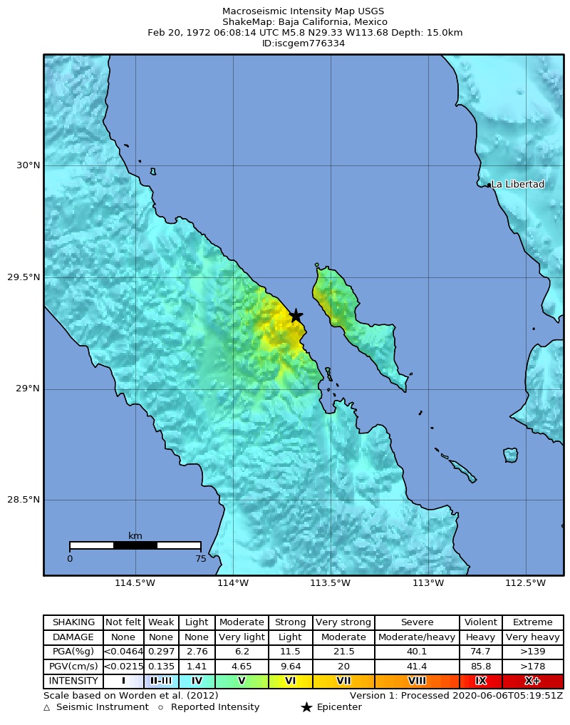 USGS ShakeMap: estimated shaking intensity around the epicenter