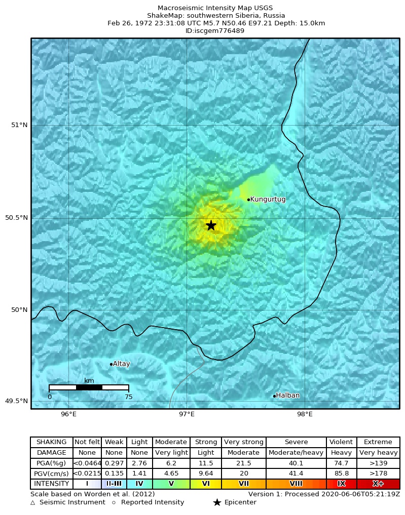 USGS ShakeMap: estimated shaking intensity around the epicenter