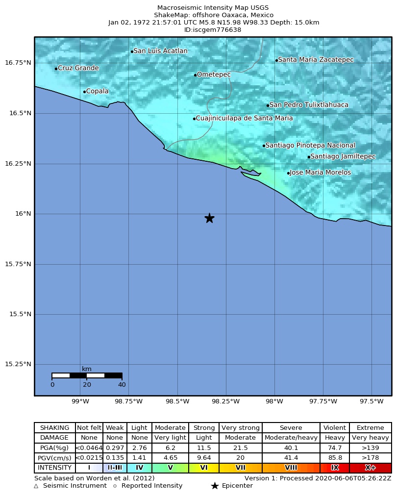 USGS ShakeMap: estimated shaking intensity around the epicenter