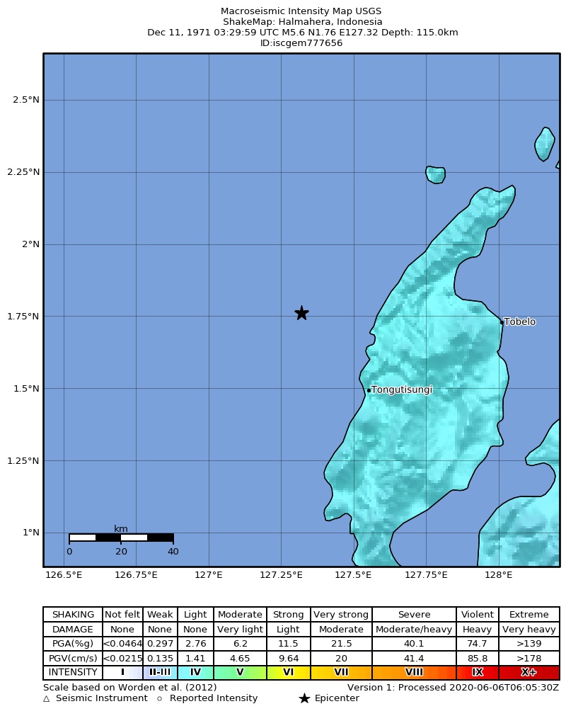 USGS ShakeMap: estimated shaking intensity around the epicenter