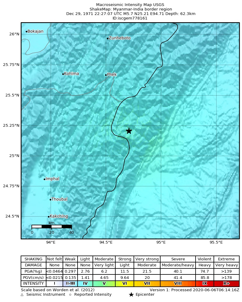 USGS ShakeMap: estimated shaking intensity around the epicenter