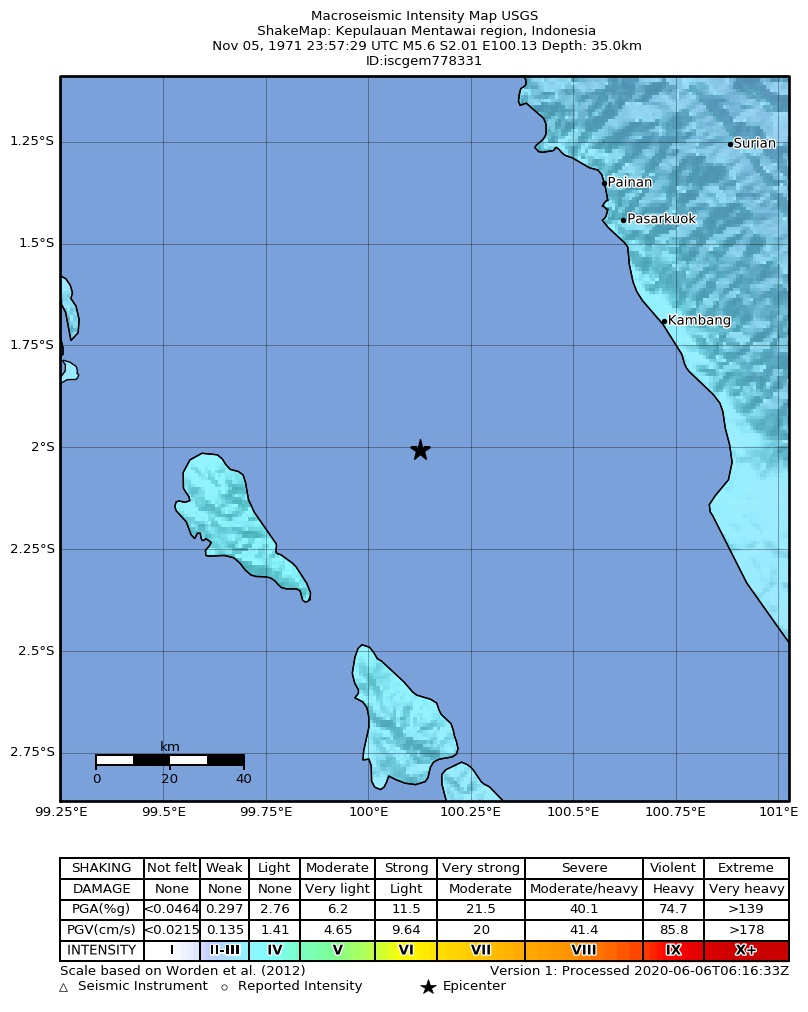 USGS ShakeMap: estimated shaking intensity around the epicenter