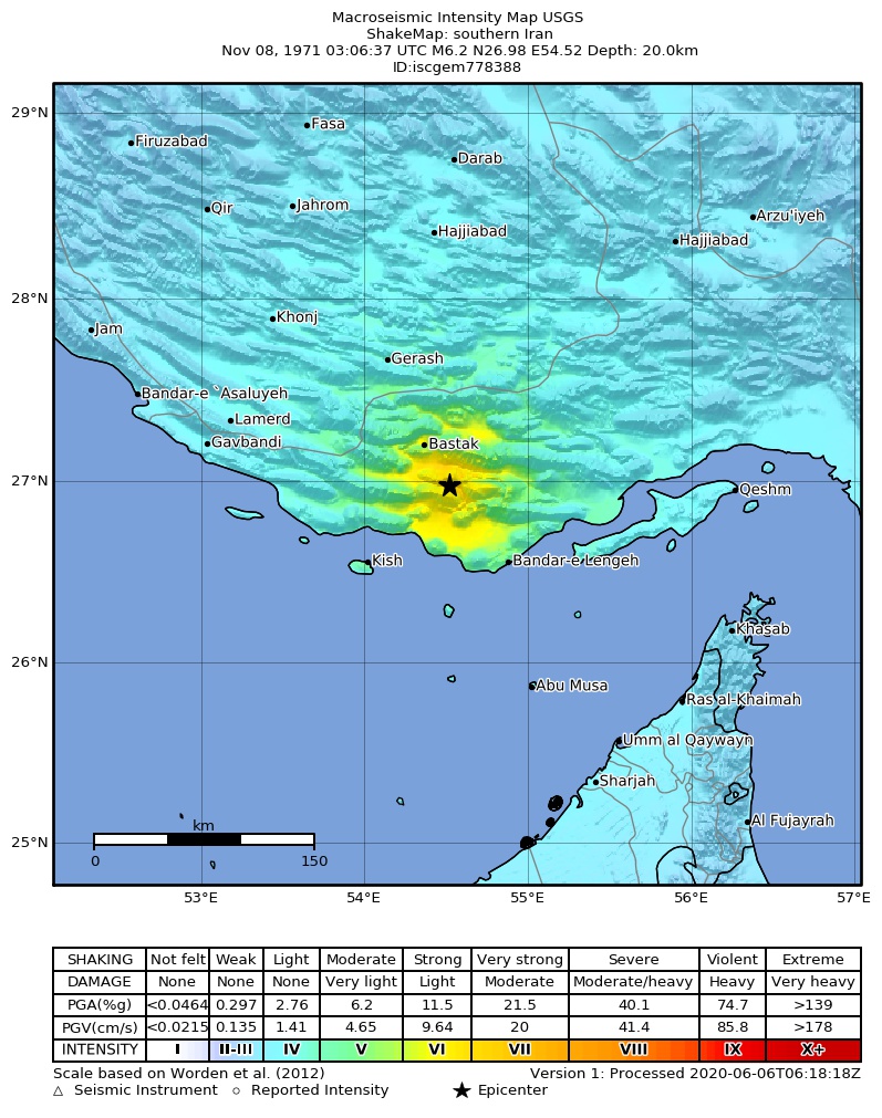 USGS ShakeMap: estimated shaking intensity around the epicenter