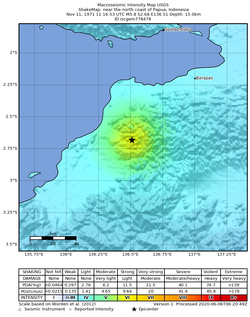 USGS ShakeMap: estimated shaking intensity around the epicenter