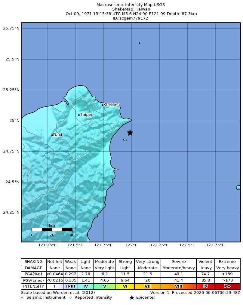 USGS ShakeMap: estimated shaking intensity around the epicenter