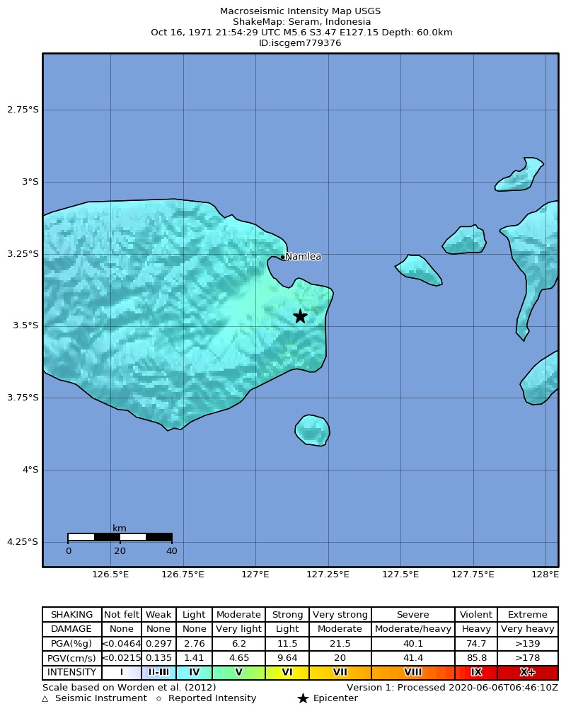 USGS ShakeMap: estimated shaking intensity around the epicenter