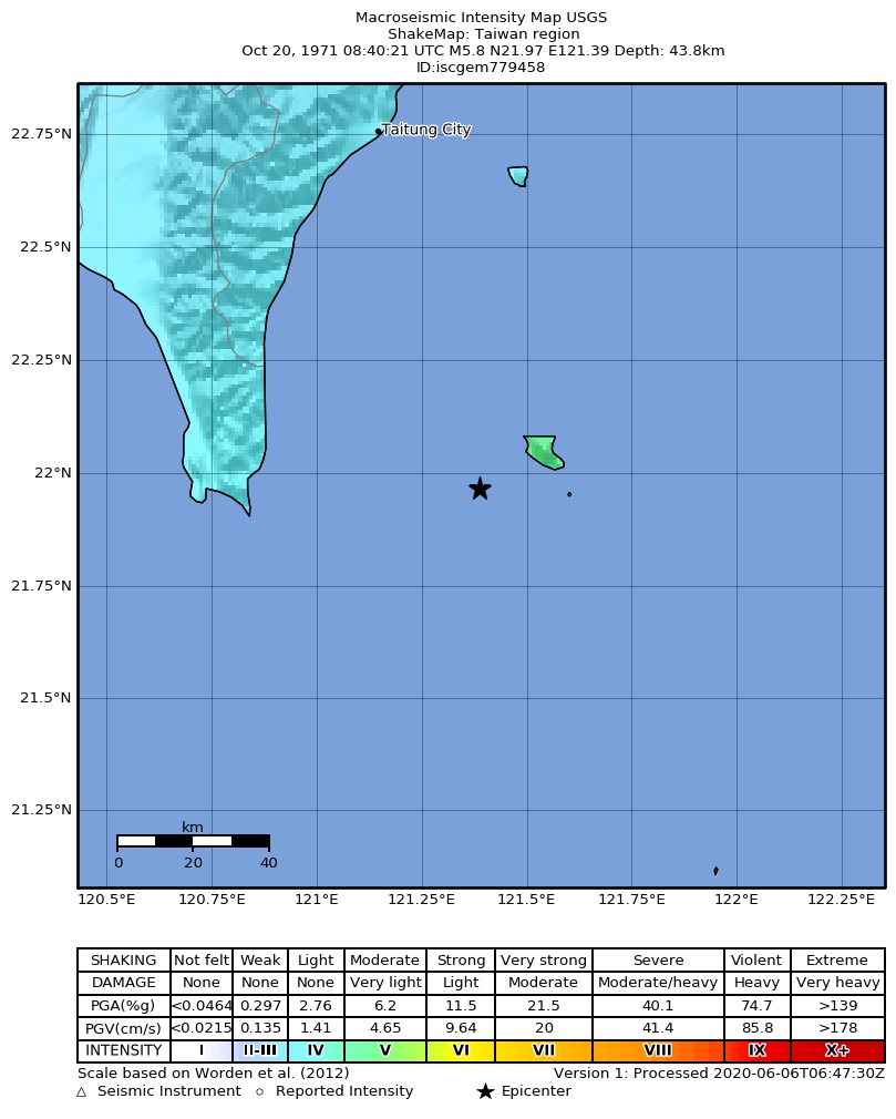 USGS ShakeMap: estimated shaking intensity around the epicenter