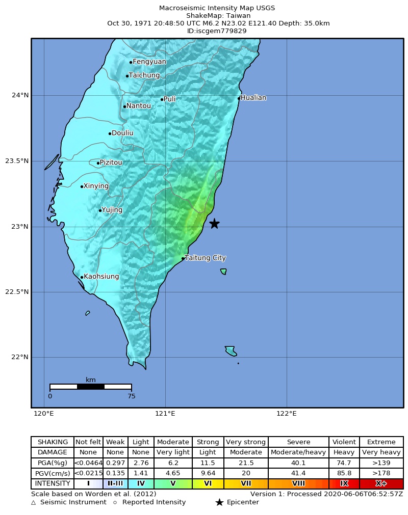USGS ShakeMap: estimated shaking intensity around the epicenter