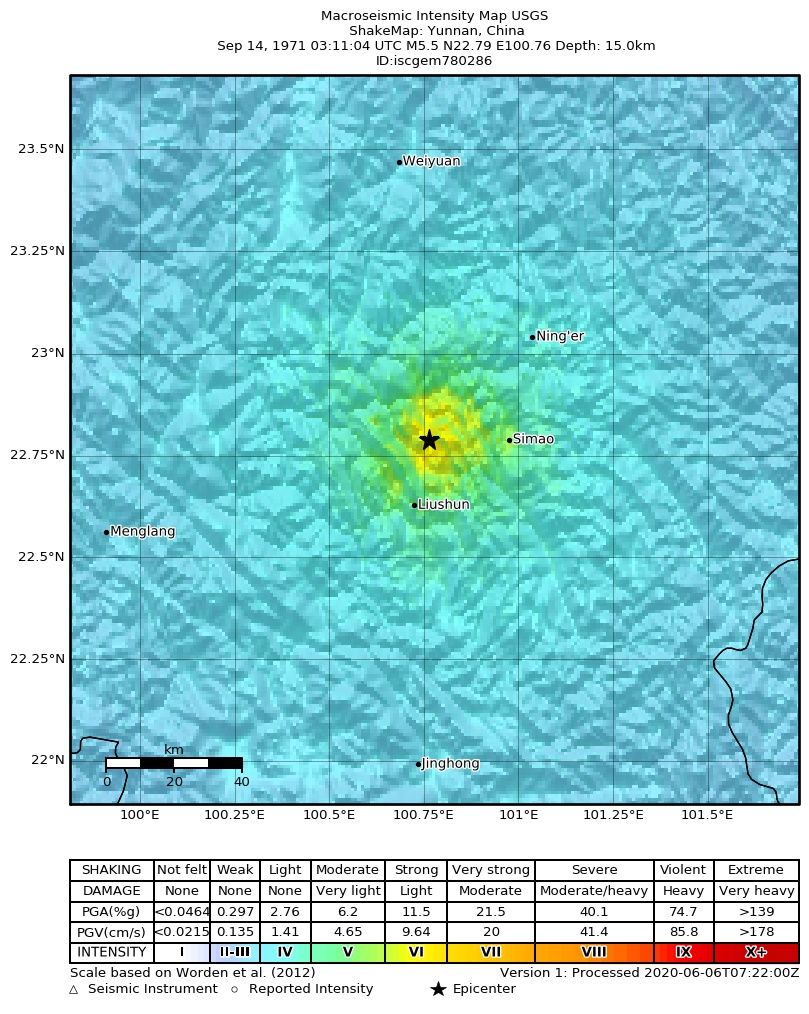 USGS ShakeMap: estimated shaking intensity around the epicenter
