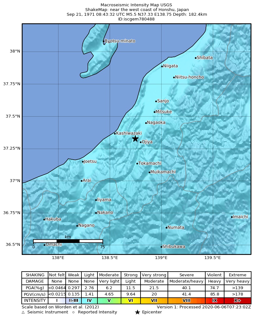 USGS ShakeMap: estimated shaking intensity around the epicenter