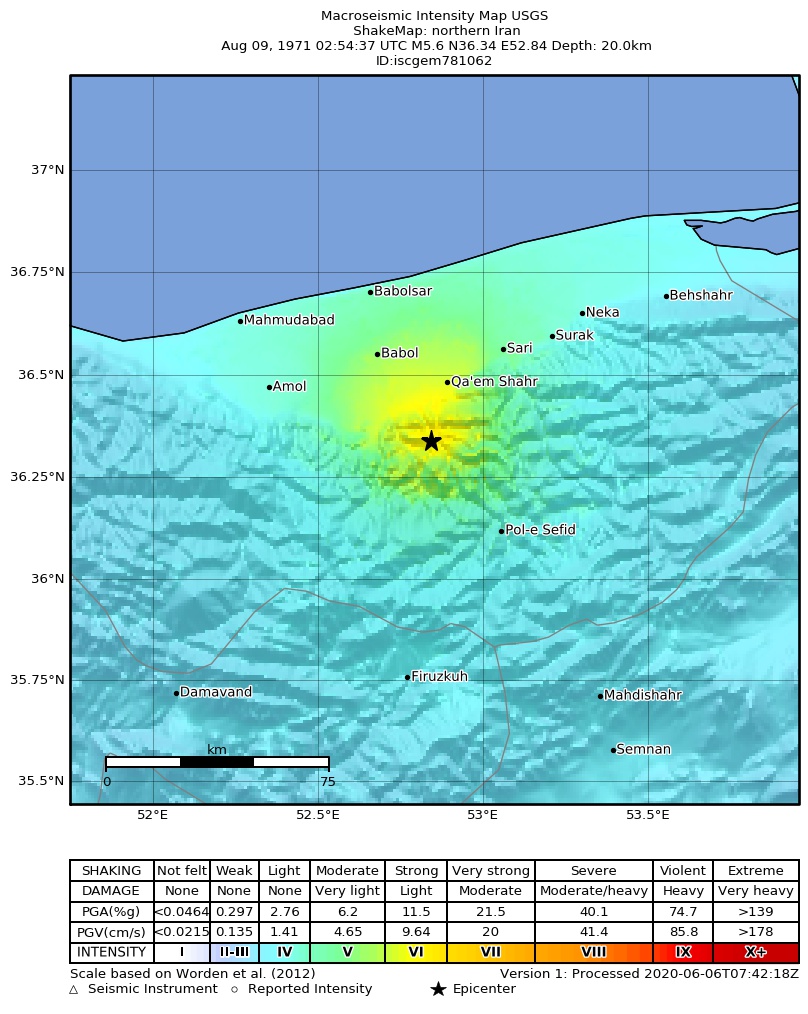 USGS ShakeMap: estimated shaking intensity around the epicenter