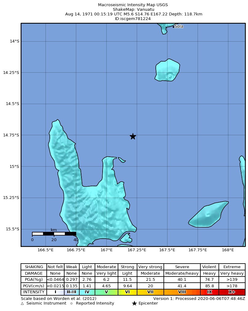 USGS ShakeMap: estimated shaking intensity around the epicenter