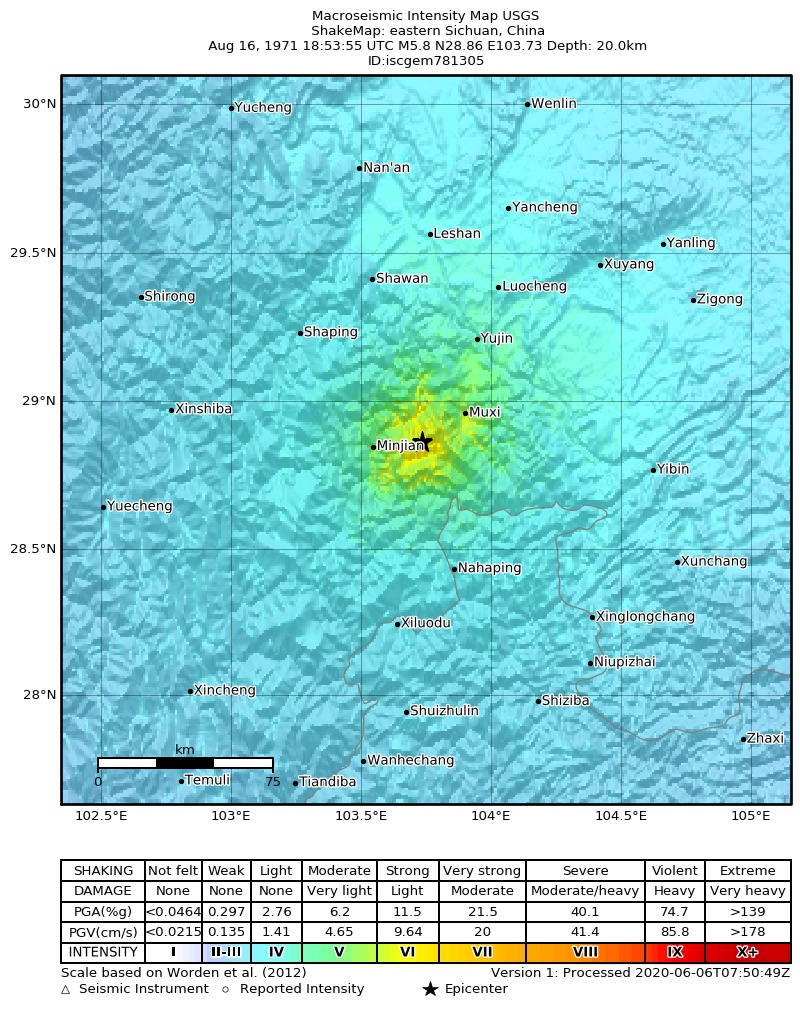 USGS ShakeMap: estimated shaking intensity around the epicenter