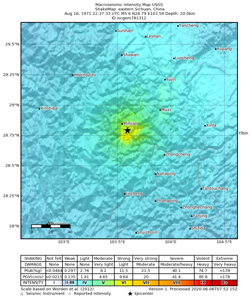 USGS ShakeMap: estimated shaking intensity around the epicenter