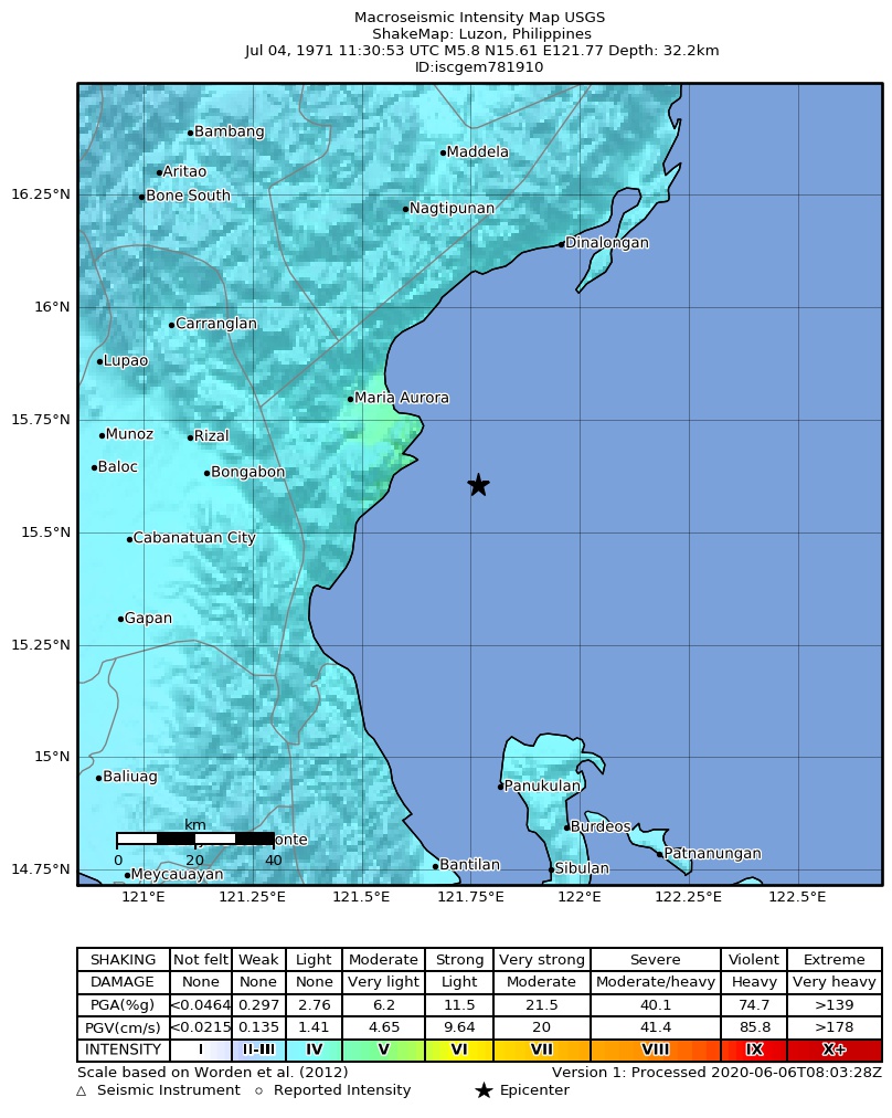 USGS ShakeMap: estimated shaking intensity around the epicenter