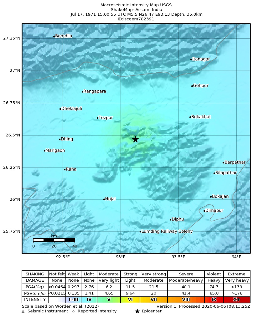 USGS ShakeMap: estimated shaking intensity around the epicenter